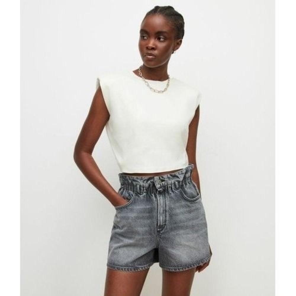 AllSaints White Padded Shoulder Muscle Tee Mika Cropped Top Small Minimalist
